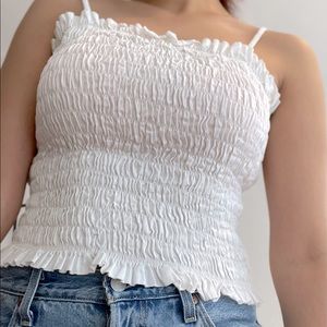 White Shirred Spaghetti Strap Crop Top